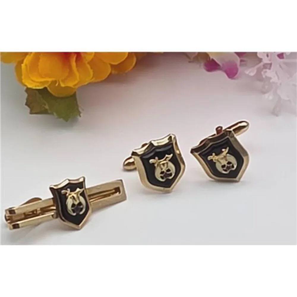 Swank Gold Tone Cufflinks Tie Bar Set Shriner Masonic Crescent Star Vintage